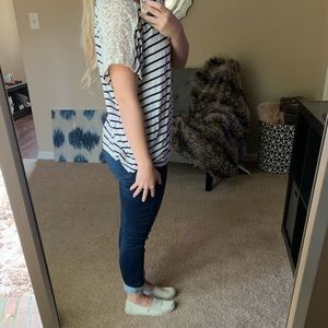Navy and White Striped Top with Lace